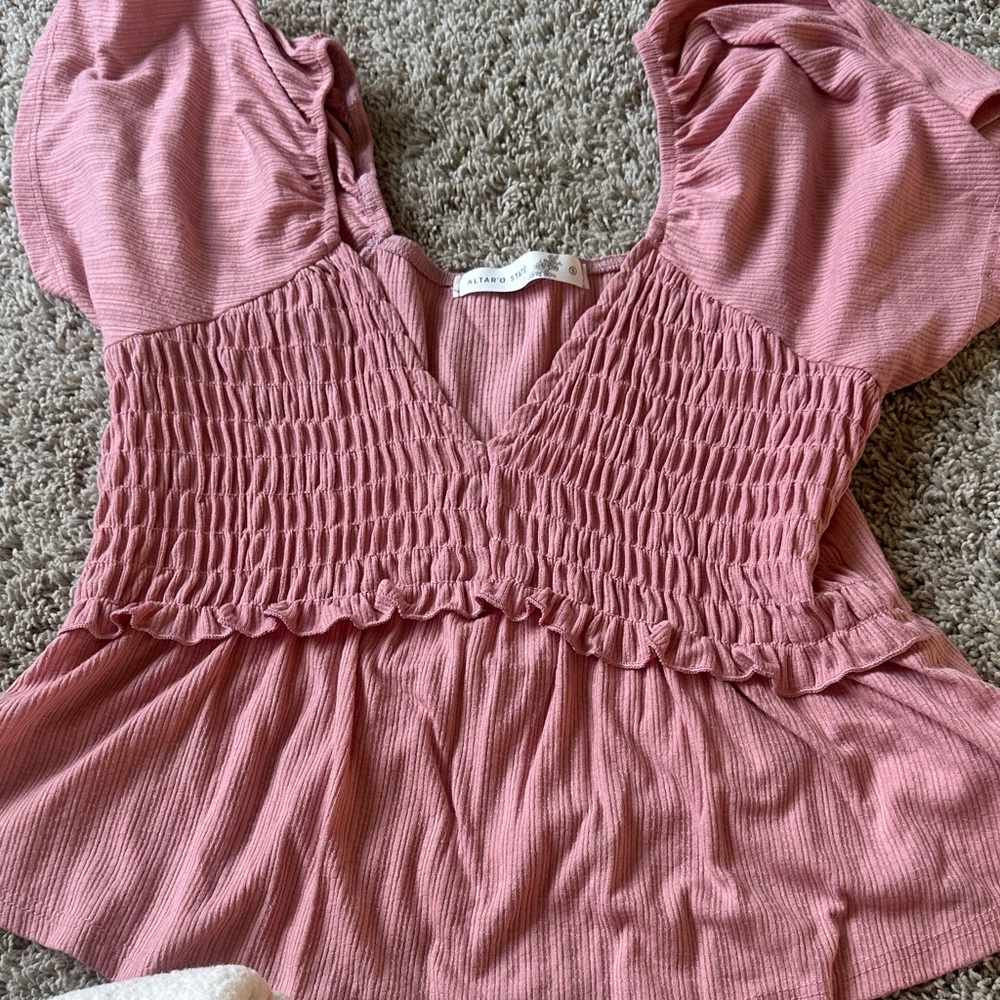 Altar'd State Dusty Rose Smocked V-Neck Peplum Blouse